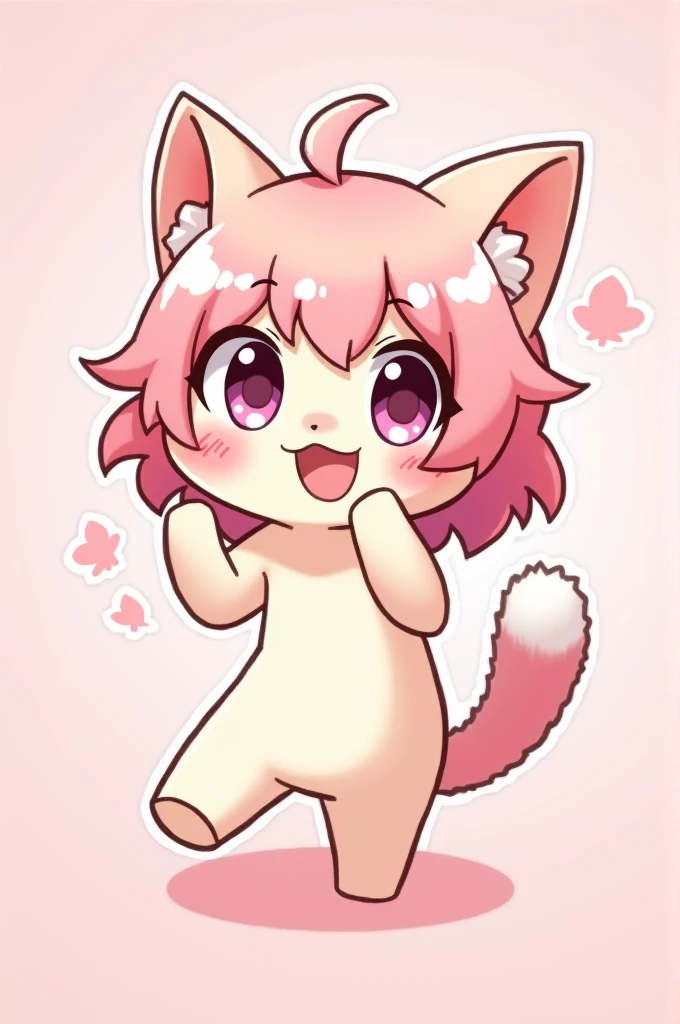 Create a 2d image of a cute smiling anime neko girl with pastel pink hair all excited