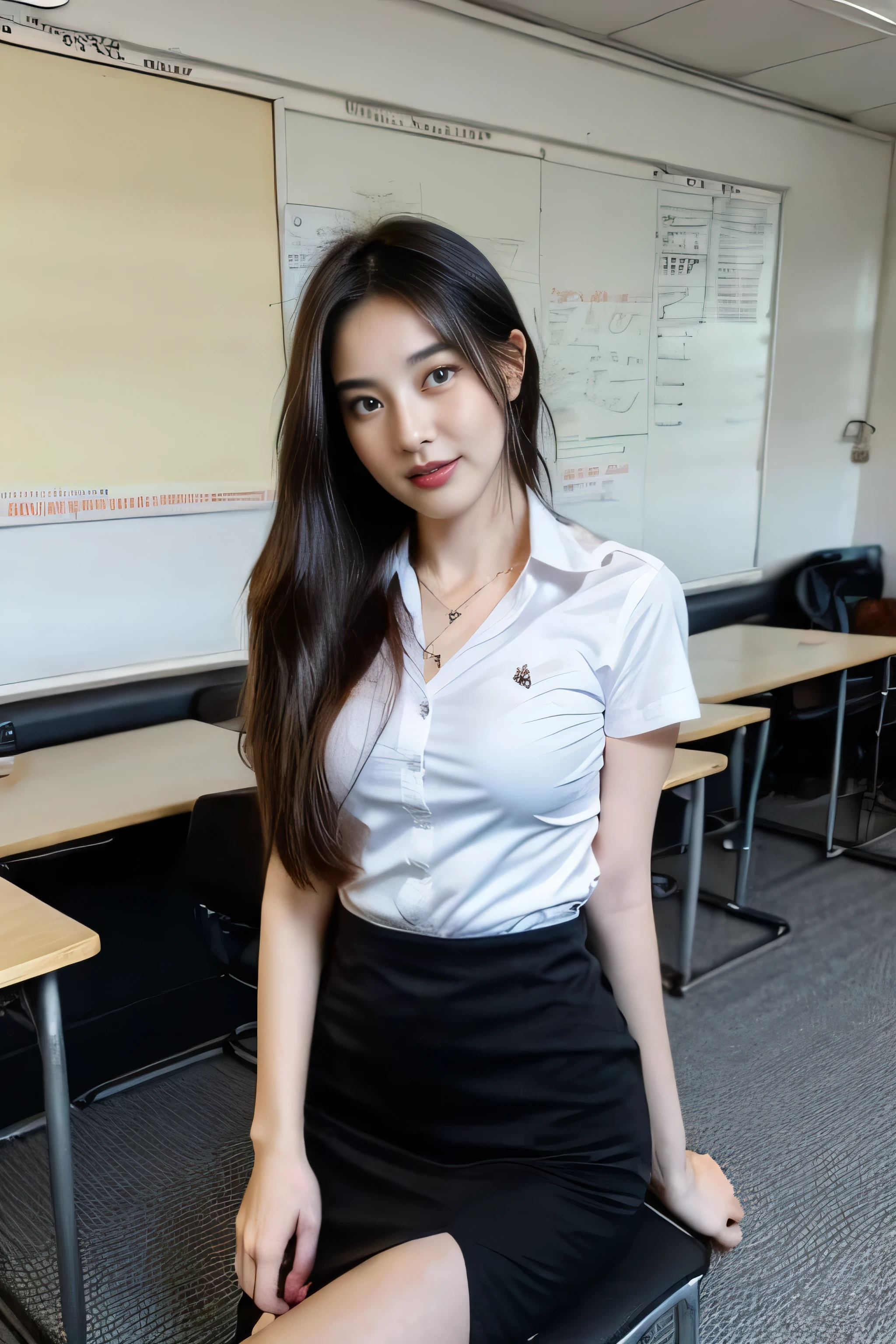 Beautiful girl with smooth skin, black hair, dark eyeshadow, gold pendant (beautiful bra, C shape), wearing a Thai student uniform, a white short-sleeved shirt, a black short skirt, a tight fit, standing and posing in a classroom. The background is a classroom, student desks and chairs. The most realistic picture.