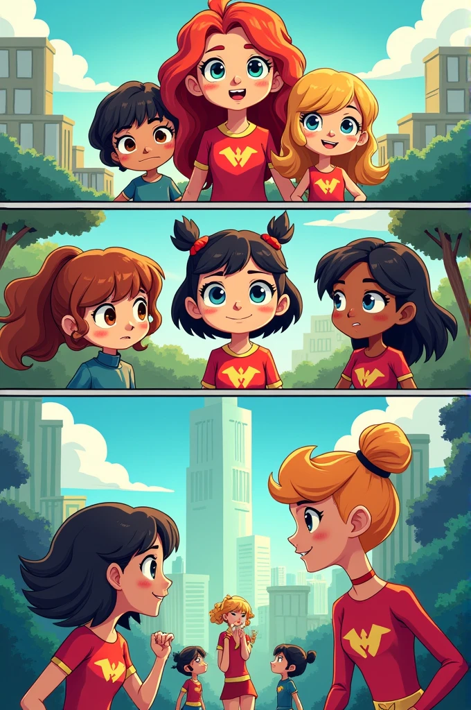 Cartoons of superhero girls of 8 frames story about friendship