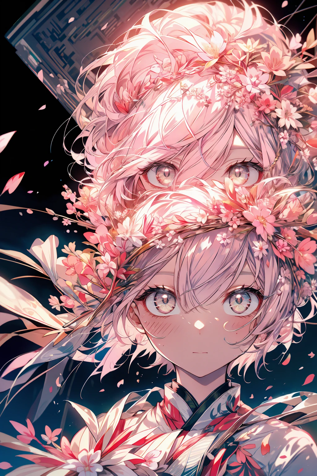 (白色のbackground:1.4),(White dirt road, Oriental elements)，(Nature illustration Spring:1.3，Paper Art:1.3, Quilting Paper Art:1.2),( Streamlined Design, Clear lines, High Sharpness,Highest quality, Very detailed, Tabletop, Cinematic lighting effects, 4K )(Cherry leaves、Sakura in spring:1.0)、Many cherry blossoms fluttering down、Wind、background、Spring-like、Look left、Pink petals、Lots of cherry blossom petals、Very light pink hair、length