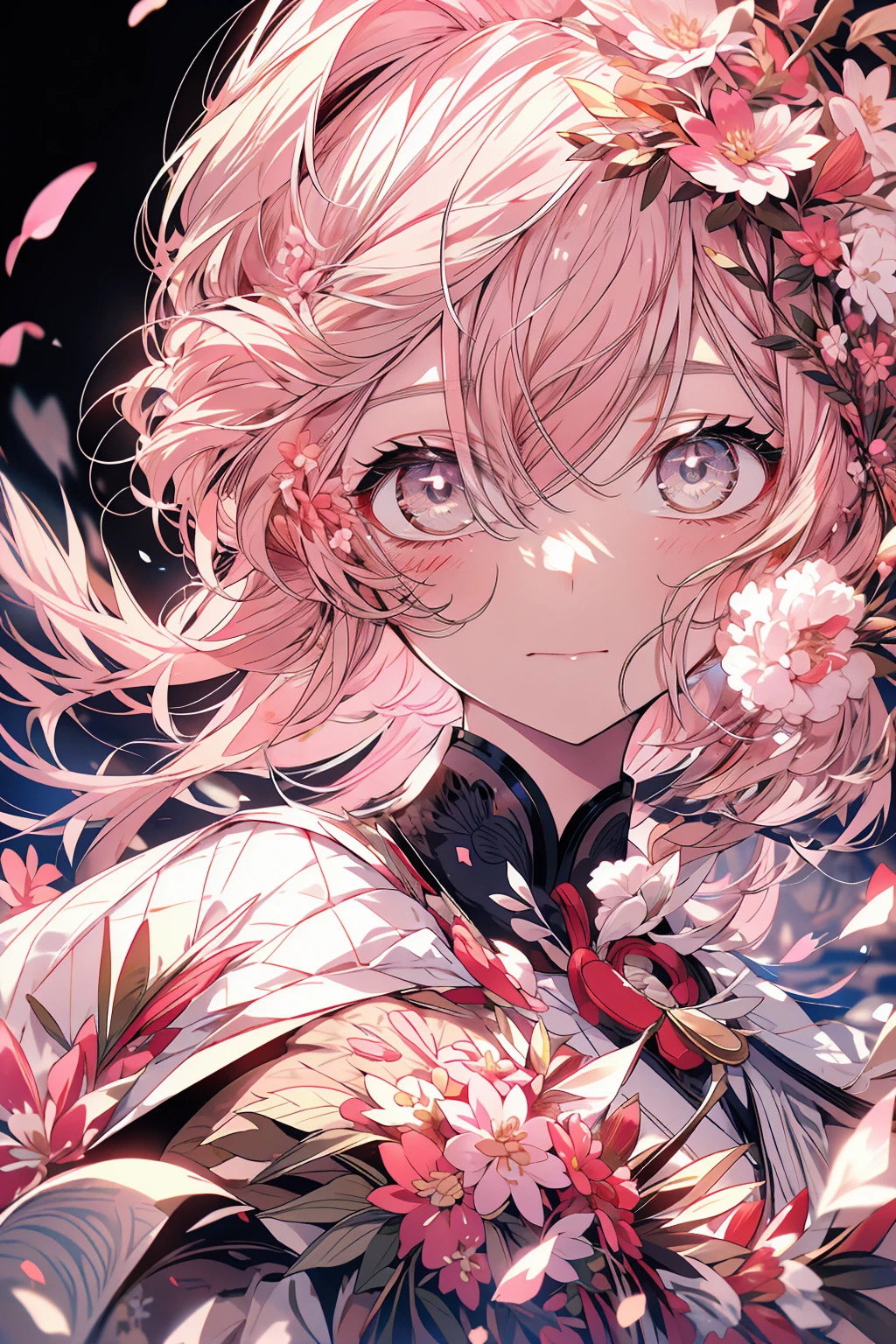 (白色のbackground:1.4),(White dirt road, Oriental elements),(Nature illustration Spring:1.3,Paper Art:1.3, Quilting Paper Art:1.2),( Streamlined Design, Clear lines, High Sharpness,Highest quality, Very detailed, Tabletop, Cinematic lighting effects, 4K )(Cherry leaves、Sakura in spring:1.0)、Many cherry blossoms fluttering down、Wind、background、Spring-like、Look left、Pink petals、Lots of cherry blossom petals、Very light pink hair、length
