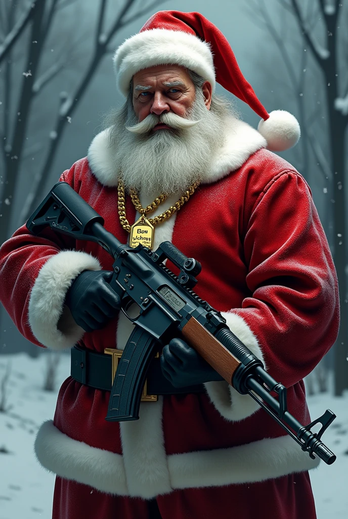 create a santa claus with an ak in his hand and a gold chain I have a pendant that says john PP 