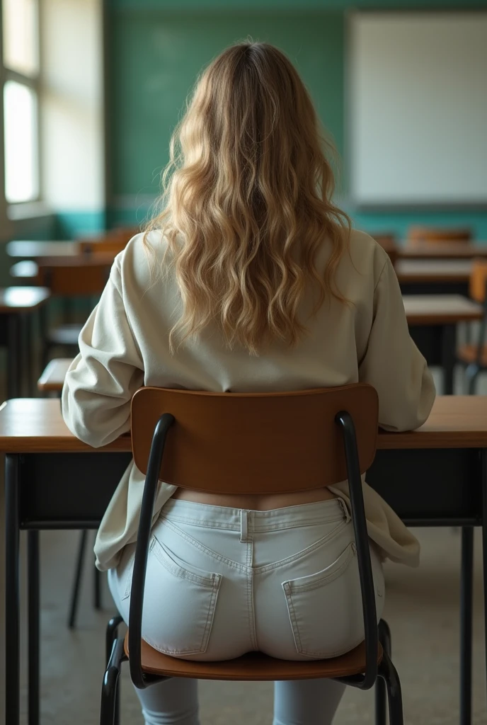 (photorealism:1.2), beautiful teenager, big ass, camera behind her, she has a big shirt on and makes her shirt cover her ass a bit, wearing white jeans, sitting down in a chair, blond hair a bit curly, in a classroom setting, her ass peeking through the hole on the chairs backrest,