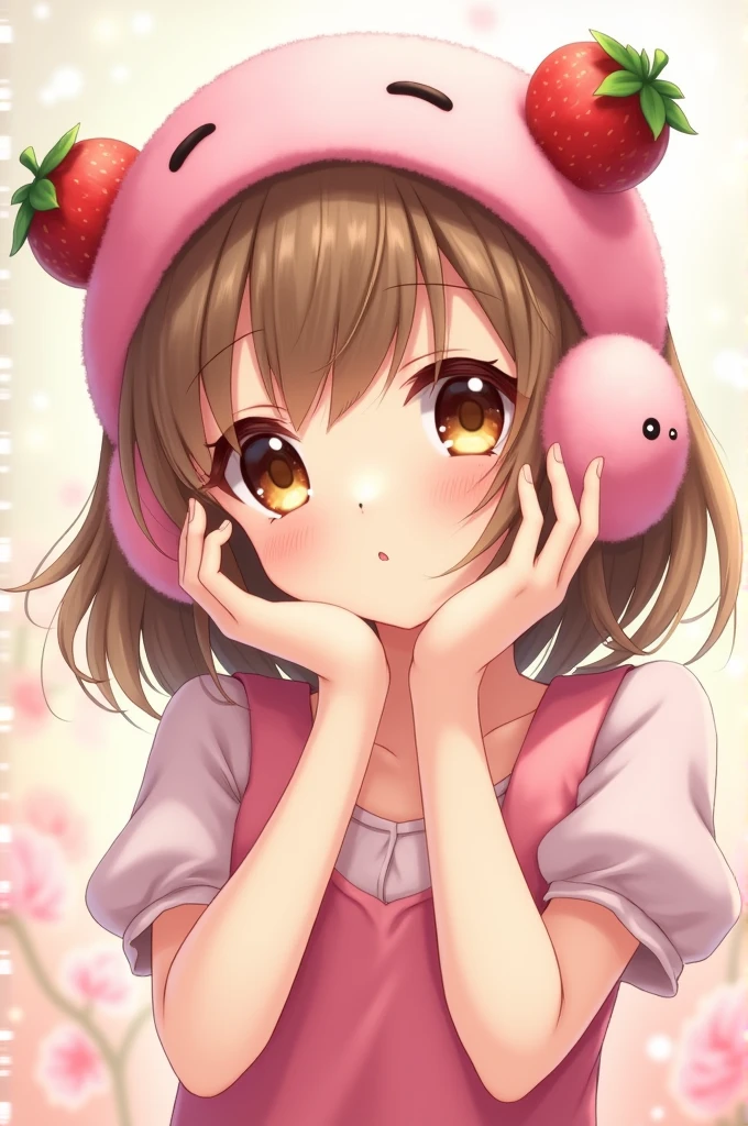 Anime girl with brown light hair brown eyes pink strawberry hat pink strawberry earmuffs pink dress