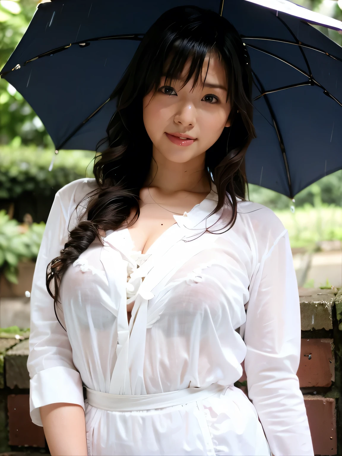 ((Highest quality)), ((masterpiece)), (detailed), Perfect Face,in the rain、Are standing、Wet white blouse, pread your legs, Semi-long hair,tears、smile、 Medium chest、Curvy body type, Full Hips