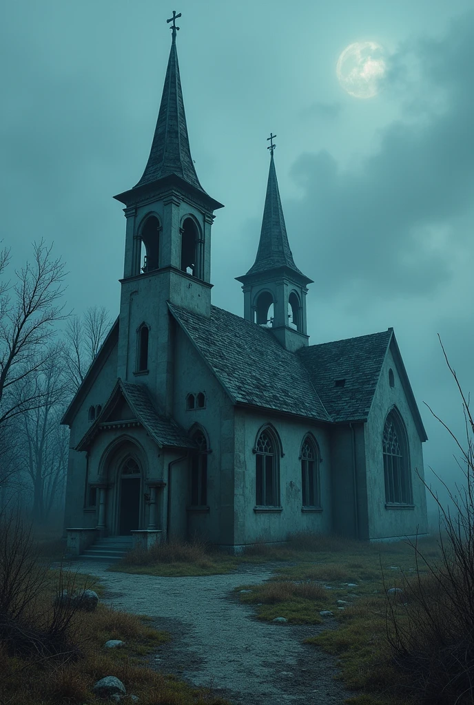 Empty and broken churches, falling apart
.. Use blue and dark colors.