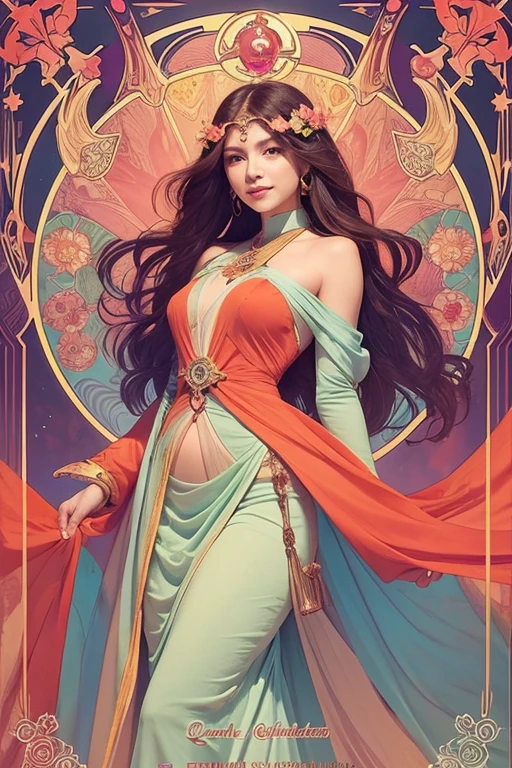 "Please create an illustration in the style of an Alphonse Mucha poster, with a layout resembling a tarot card. Use a calm color palette with a mystical touch. Incorporate sweet pea flowers, the gemstone aquamarine, and coral tones.
The image should depict a dynamic and powerful woman born on March 21st. She embodies the essence of spring, with a gaze full of strong determination, symbolizing leadership and a spirit of adventure. Her attire reflects passion and energy, featuring vibrant shades of red and coral. The background should be illuminated with warm, golden sunlight, emphasizing her connection to new beginnings and growth. Her pose is confident and forward-looking, with a subtle smile that conveys optimism and courage. She stands tall, exuding an aura of strength, leadership, and resilience, capturing the essence of a natural-born leader and an inspiring adventurer."