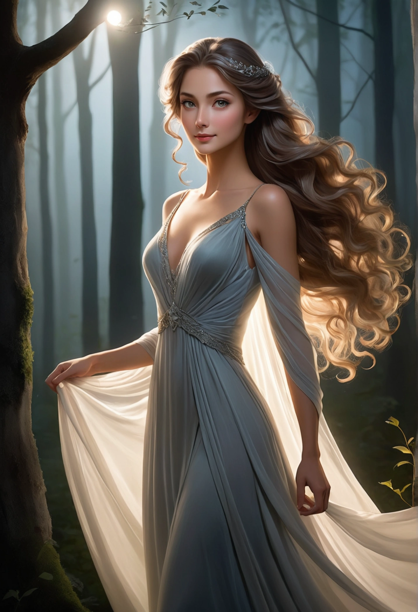 "A mysterious and elegant lady stands gracefully under the soft moonlight, her captivating eyes looking directly at the viewer with a confident gaze. Her long, flowing hair cascades down her shoulders, shimmering like silk. She has strikingly beautiful features, with a subtle smile that hints at hidden secrets. Her sophisticated gown, made of delicate, shimmering fabric, flows gently in the evening breeze. She stands amidst a misty forest, with shadows and light creating an aura of mystery around her. The atmosphere is enchanting, with a soft glow illuminating her timeles