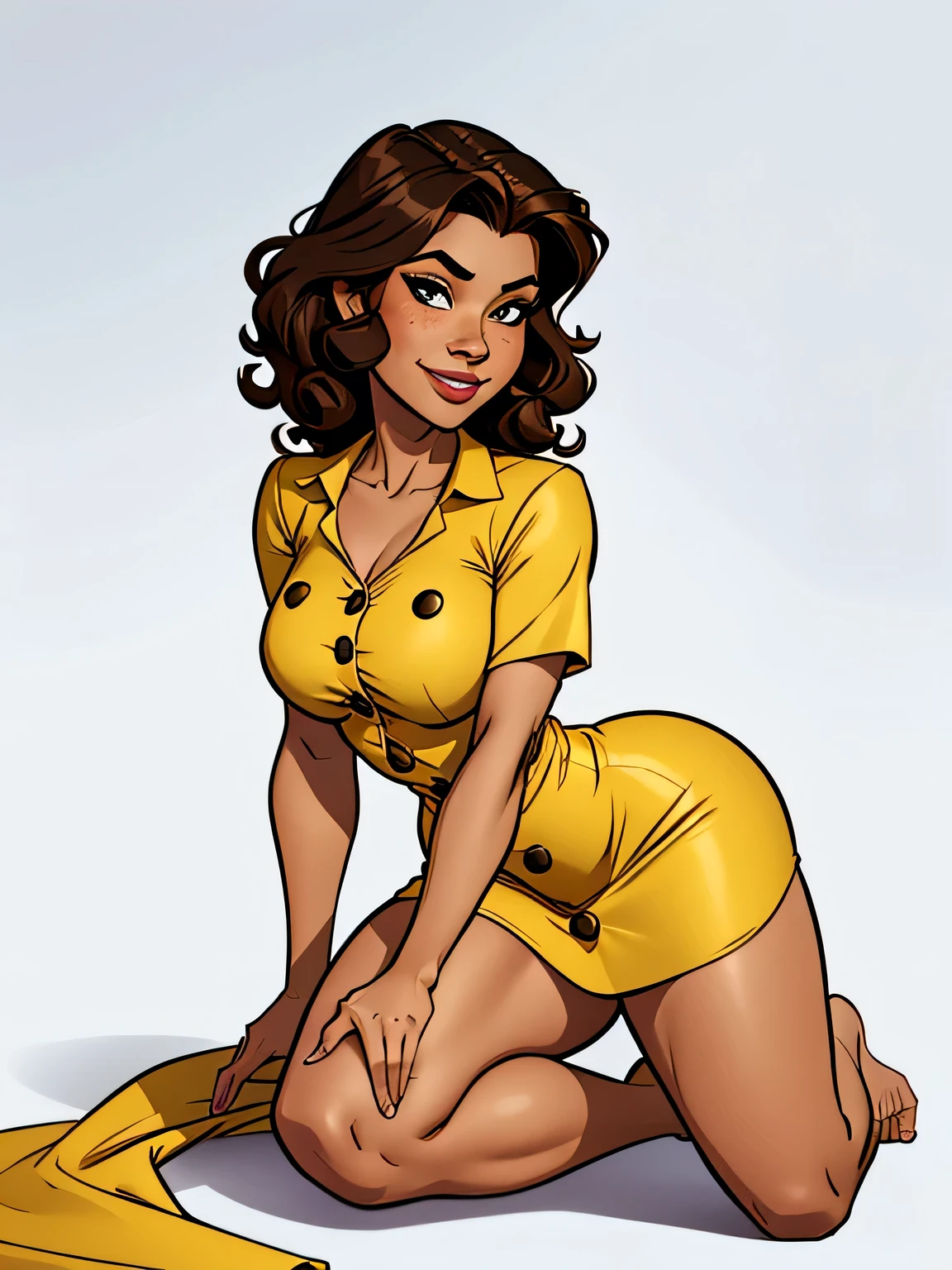 Thin woman, age 25, 4K (High definition), mysterious smile, seducing gaze, eyes browns, wearing a yellow dress with a boat neck (with golden buttons) and short sleeves, arms positioned at the side of the body, brown skin, black curly hair to the shoulders, bare-kneeled, full of curves with freckles on her chest and neck, round breasts. High-quality Marvel style, white background.