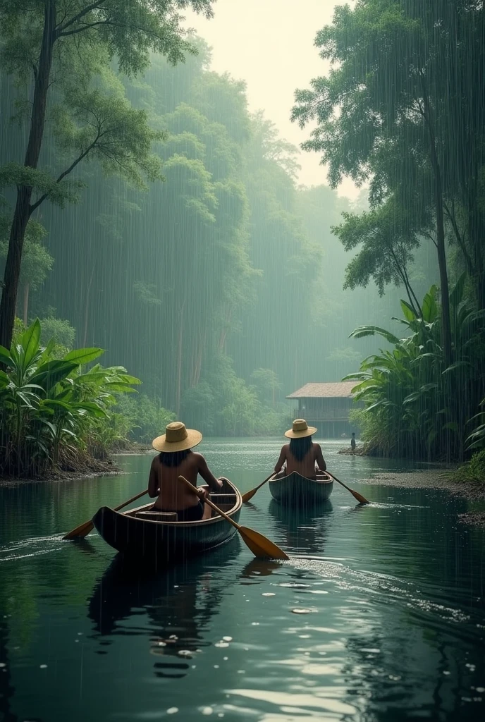 A couple canoes down a river in the middle of the Amazon, it rains a lot and they approach a riverside village
