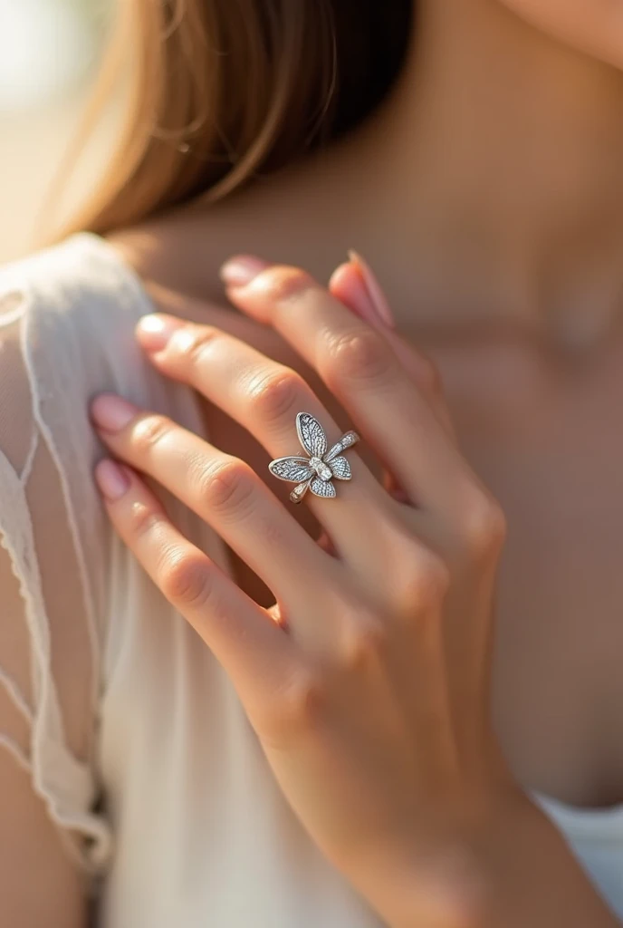 Hand with butterfly engagement ring