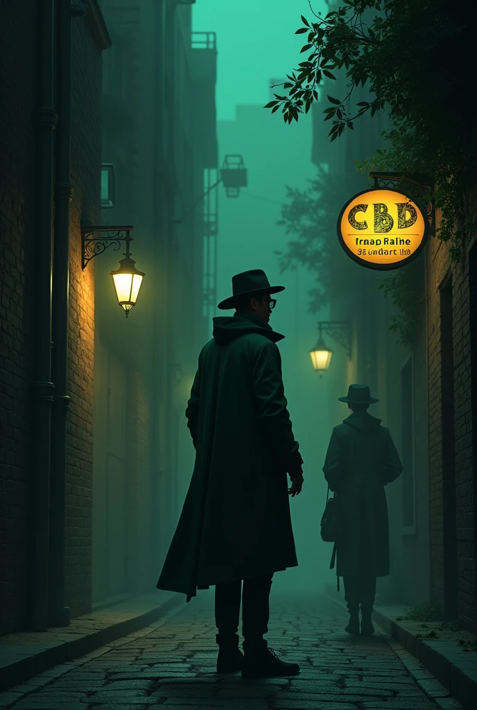 Créé moi un logo version dark urban écrit " Traumatrixe.62 " "CBD" avec des fleurs de cbd 3D dans une ruelle sombre, en arrières plan a droite un homme chapeaux noir lunette de soleil noir smoking vert, en arrières plan gauche un lampadaires qui éclair un CBDshop