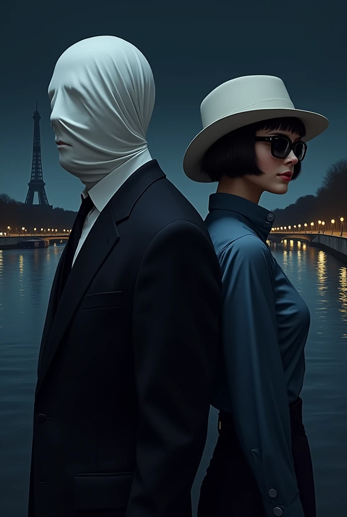 The bottom of the Seine and at ht on the left there is a man who has on his head a white fabric falling towards the back of his head covering his entire face he has a black suit with a black tie a white shirt to the right of the image of water to him back to back first character we have a character having a white bob hat sunglasses placed on his white hood camouflaging his face a blue shirt he has
