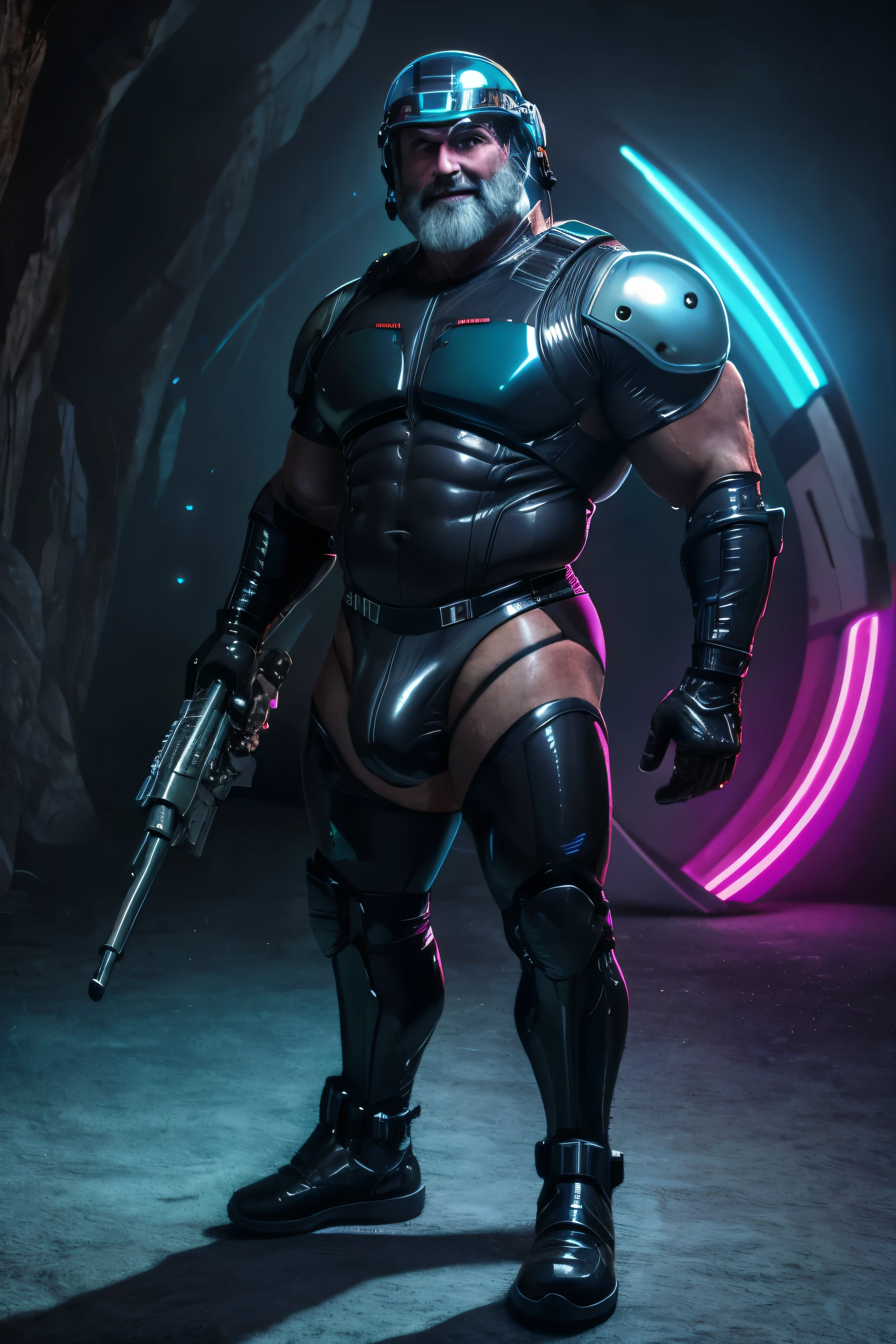 (handsome mature man), (The 50s), white male, using a speedo, wet speed, dripping down, protuberance, (brawny:1.3), barba, looking ahead at viewer, handsome man, detailedeyes, symmetrical face, pretentious smile, chunky, hair grey, science fiction scenario, on an alien planet, alien foliage, wearing a pilot's helmet, neon colors, Visible Stars, futuristic armor (transparentes!), elbow pads, holding a raygun, alien tentacles, knee pads, photo by full body, latex gaiters (with neon strip),