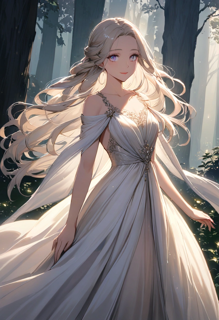 "A mysterious and elegant lady stands gracefully under the soft moonlight, her captivating eyes looking directly at the viewer with a confident gaze. Her long, flowing hair cascades down her shoulders, shimmering like silk. She has strikingly beautiful features, with a subtle smile that hints at hidden secrets. Her sophisticated gown, made of delicate, shimmering fabric, flows gently in the evening breeze. She stands amidst a misty forest, with shadows and light creating an aura of mystery around her. The atmosphere is enchanting, with a soft glow illuminating her timeles