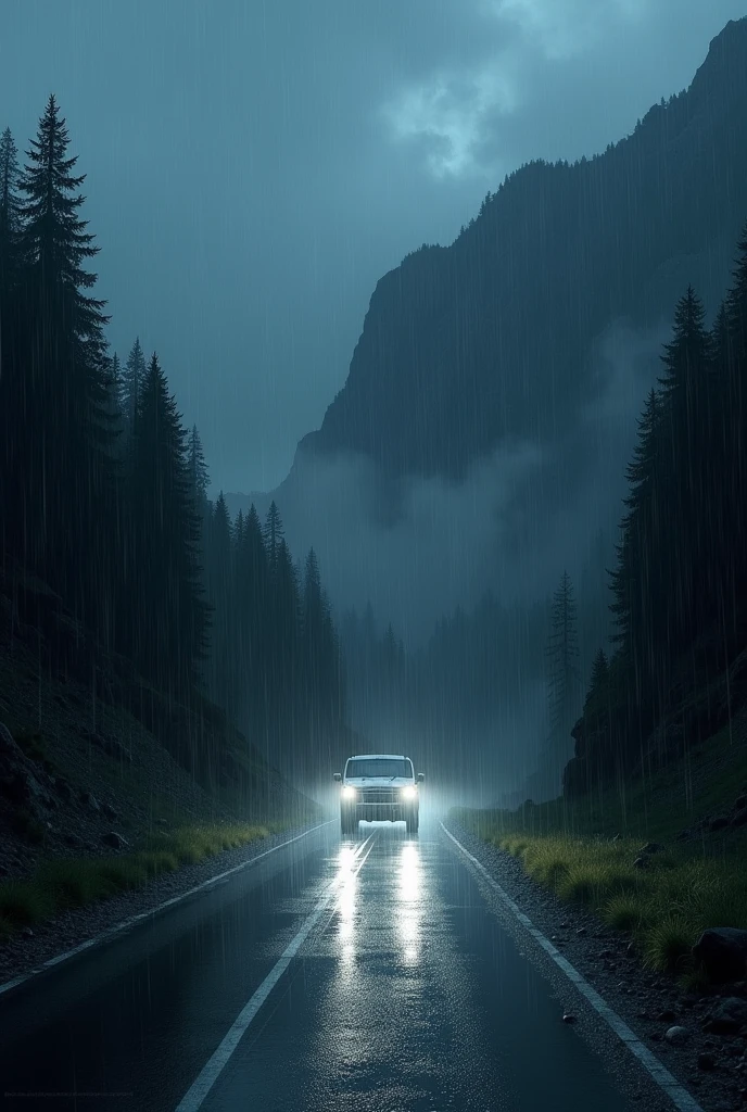Heavy rain outside in the mountain would one headlight showing.