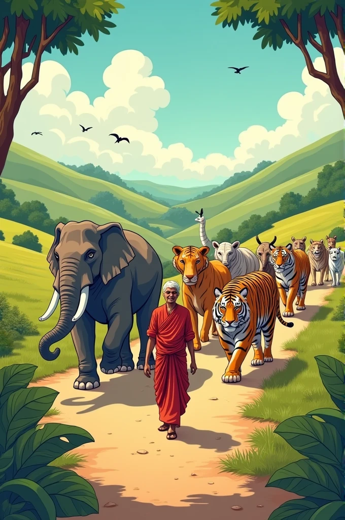 create an image of animals walking away and an Indian watching for comic strip