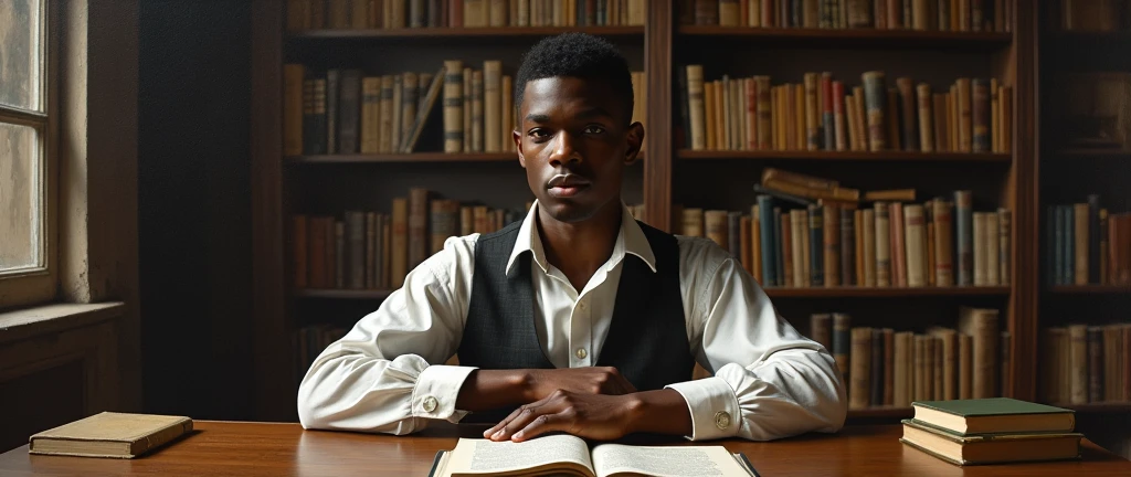 Make the image in the style of an oil painting in the style of the 16th-18th century, Enlightenment influence of a 22-year-old dark-skinned young man in a room with many books sitting at a table looking forward in a very wide space , do this inspired by the painting of Marquês de Pombal.