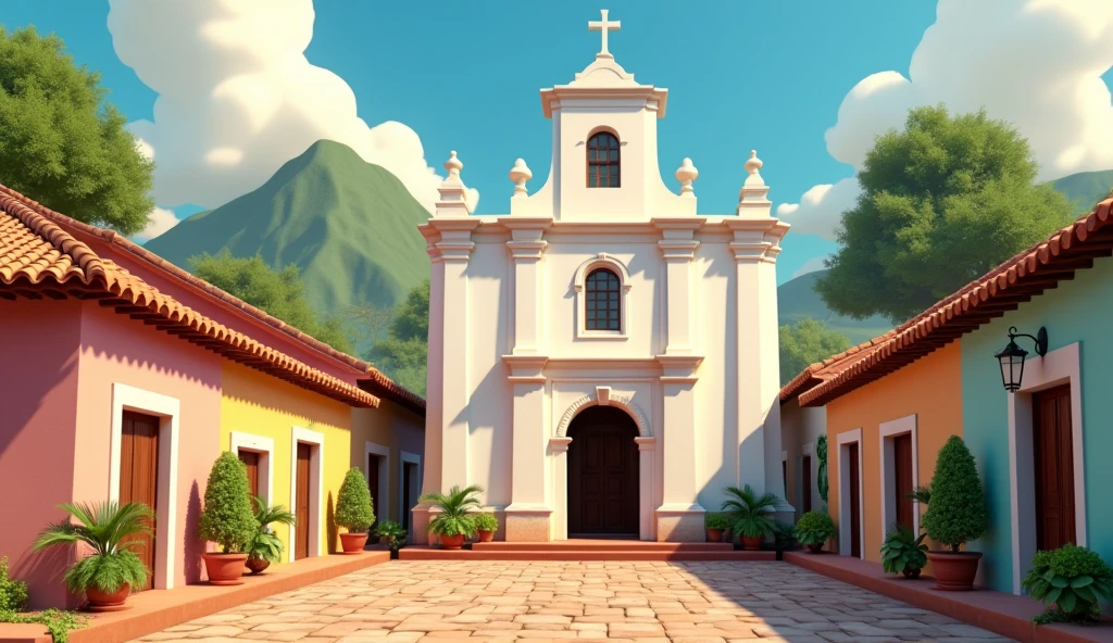 pixar animations 3d illustration of a colonial town in el salvador with 1 floored colonial houses in the central plaza in front of a colonial white church not thatmany people in the street
