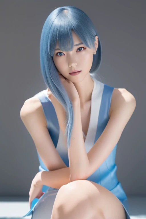 Long thin legs, Woman with sky blue hair is posing, Tight light blue suit, Well dressed, Elegant legs, Wearing white high heels，girl, Very beautiful long slim legs, Close up portrait of a woman in a blue suit with a red cloak, Capcom, As a Tekken character, fighting game character,King of Fighters character,