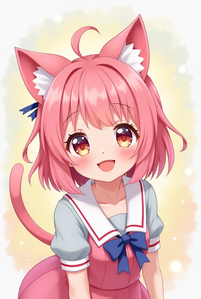 Create a 2d image of a cute anime girl smiling with pastel pink hair all excited with cat ears