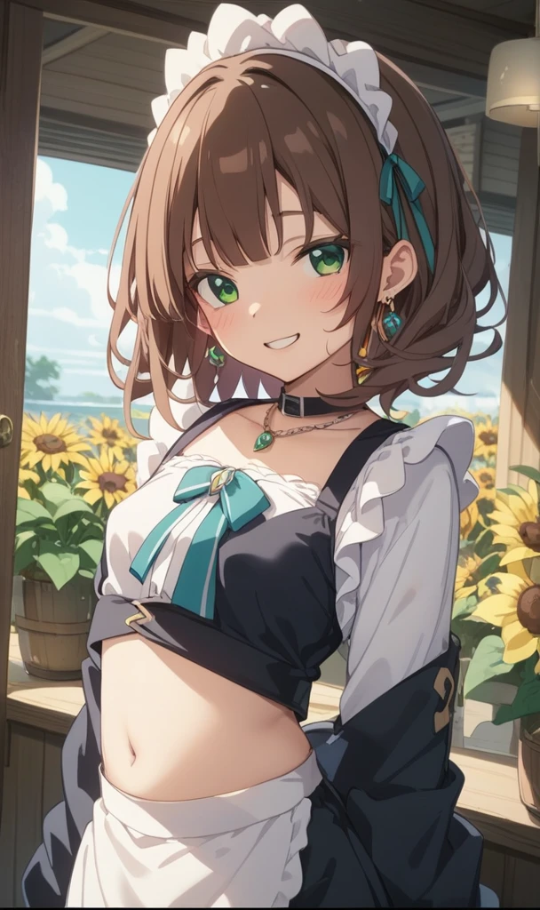 、cute、Princess、young、Green Eyes、Brown Hair、Medium Hairstyles、Big ribbon、cute、Being spoiled、smile、Be happy、Red cheeks、Idol、uniform、Belly button、maid、Small breasts、Embarrassed、juice、lover、Earrings、necklace、ring、sunflower、liquor、Drunk