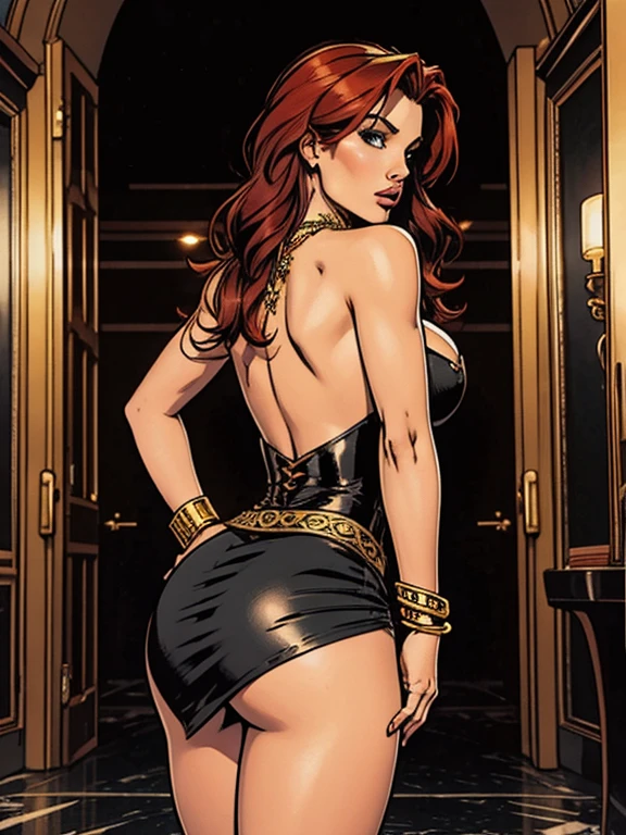redhead woman, little black dress, busty, big breasts, perky tits, thin waist, booty, short skirt, ornate, hotel lobby, necklace, bangle, [[Krista Allen]], long hair, backless