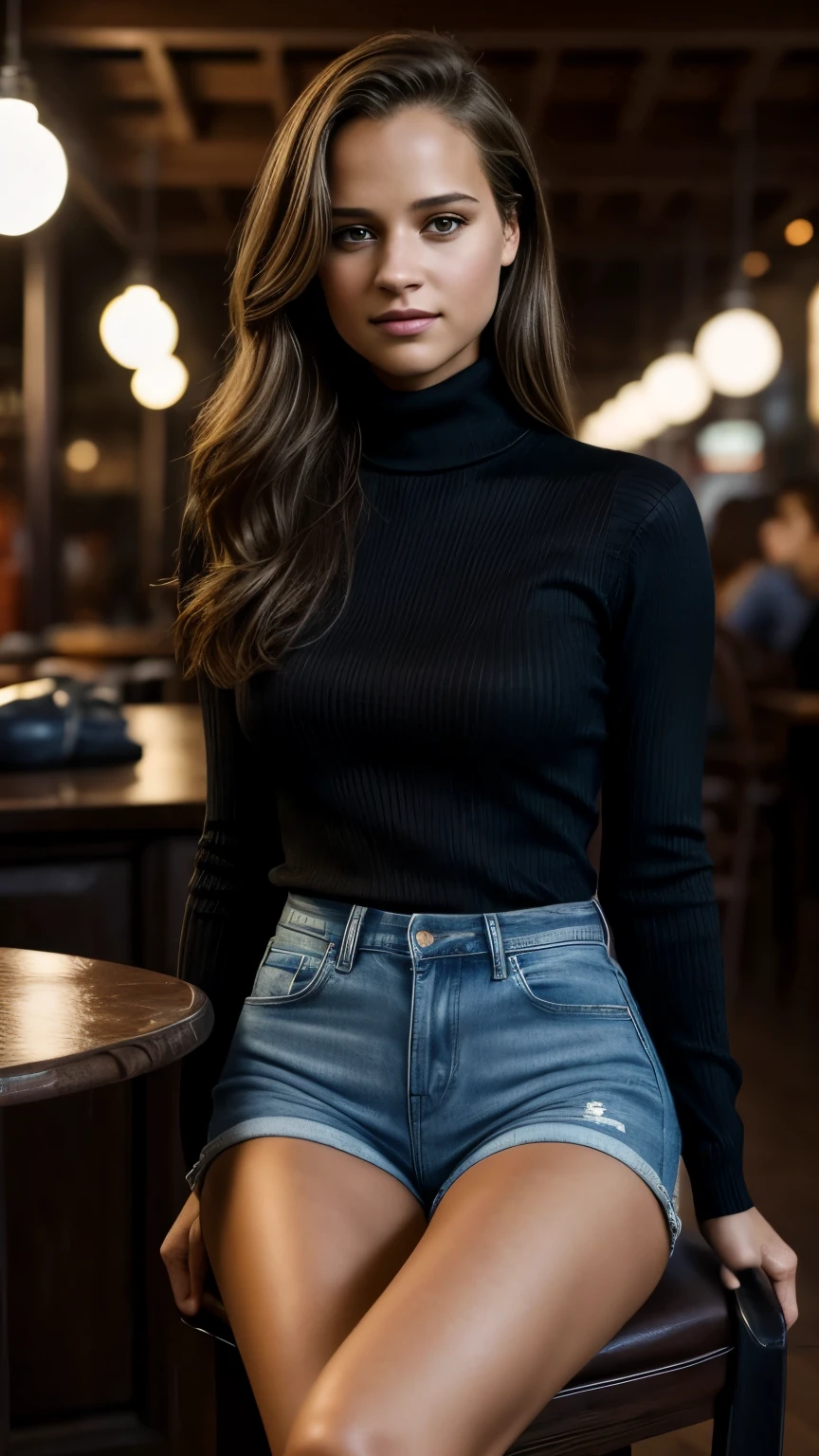 Foto hiperrealista en primer plano de Alicia Vikander, masterpiece, best quality, (photorealistic:1.4), full body,  (black turtleneck sweater:1.2) and (blue shorts jeans:1.1), heels, beer market, cinematic light, beautiful woman, skinny, medium  breasts, wave dark blond hair, detailed face, smile, facing the camera, photo taken from a distance, age of 20 years old, sitting on the chair, legs are cross