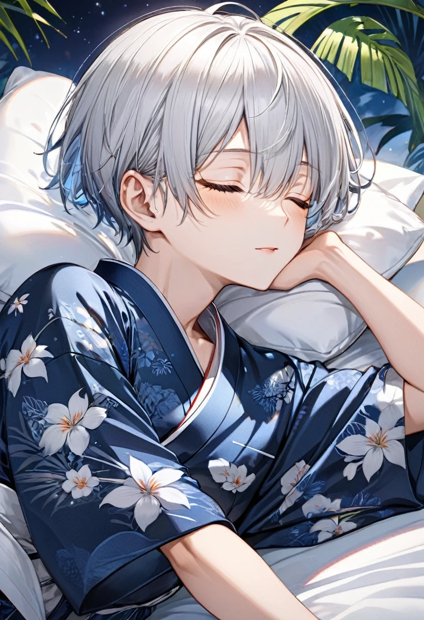 (asleep style) (lie down on bed), (solo:2, 16 yo), (cool crew cut silver hair very short hair) (cool divine boy), (closed cool eyes), in a simple white yukata, break, in the Tropical bedroom of midnight, BREAK, perfect anatomy, masterpiece, best quality, 16k, beautiful detailed midnight, daydreaming expression.