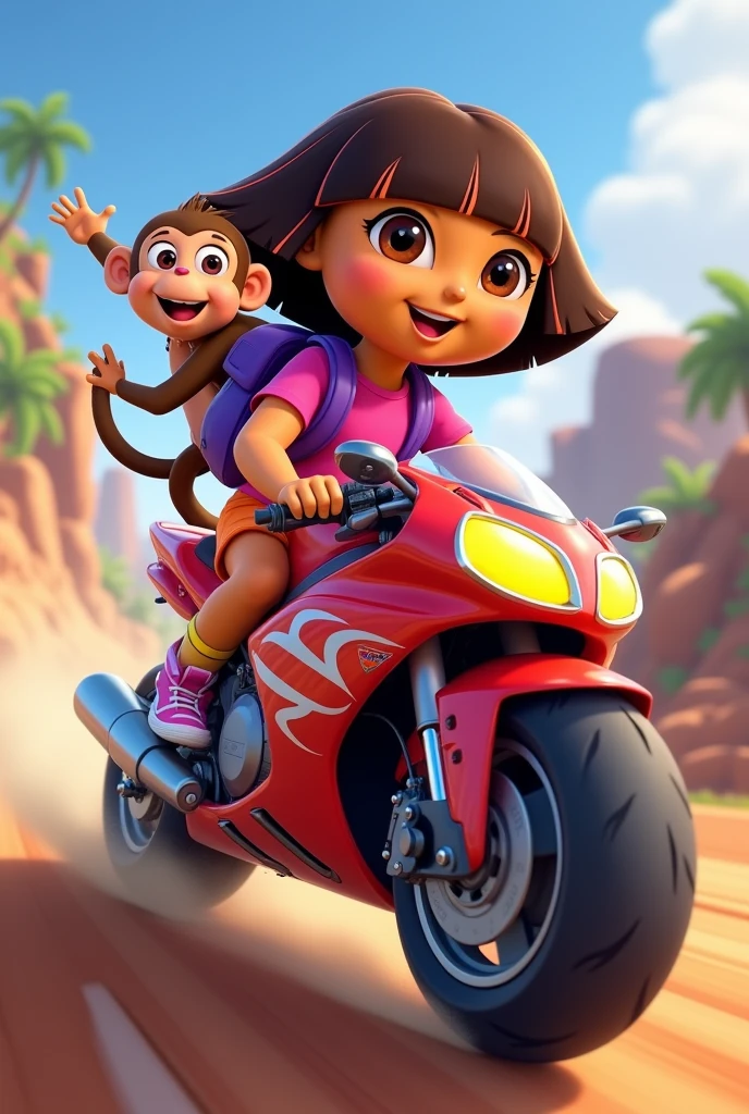 Dora and Boots on a sleek, colorful superbike. Dora, with her iconic purple backpack and orange shorts, is sitting confidently on the bike, while Boots, the playful monkey, is perched behind her, holding onto her waist.