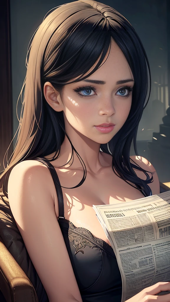 a woman reading a newspaper, realistic photorealistic portrait, beautiful detailed eyes, beautiful detailed lips, extremely detailed eyes and face, long eyelashes, high quality, cinematic dramatic lighting, intricate details, photorealistic, 8k, hyperrealistic, masterpiece, vibrant colors, rich textures, natural skin tones, intricate folds in clothing, dynamic composition, dramatic shadows and highlights, cinematic mood, impactful visual storytelling