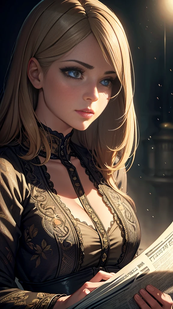 a woman reading a newspaper, realistic photorealistic portrait, beautiful detailed eyes, beautiful detailed lips, extremely detailed eyes and face, long eyelashes, high quality, cinematic dramatic lighting, intricate details, photorealistic, 8k, hyperrealistic, masterpiece, vibrant colors, rich textures, natural skin tones, intricate folds in clothing, dynamic composition, dramatic shadows and highlights, cinematic mood, impactful visual storytelling
