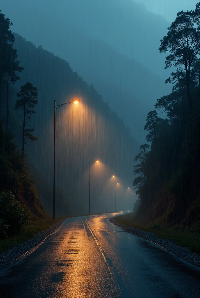 Heavy rain outside in the mountain would one Street light. showing.
