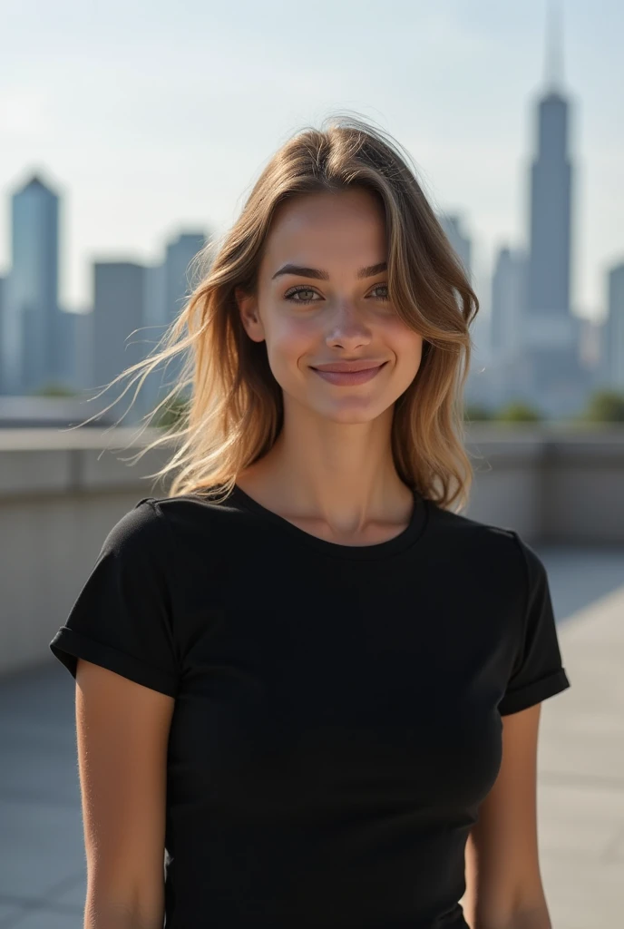 Give me an female lesbian model of 2 with a simple black tshirt in a city background. The model is looking front to the camera and smiling. Make so that I see all the model from the waist up