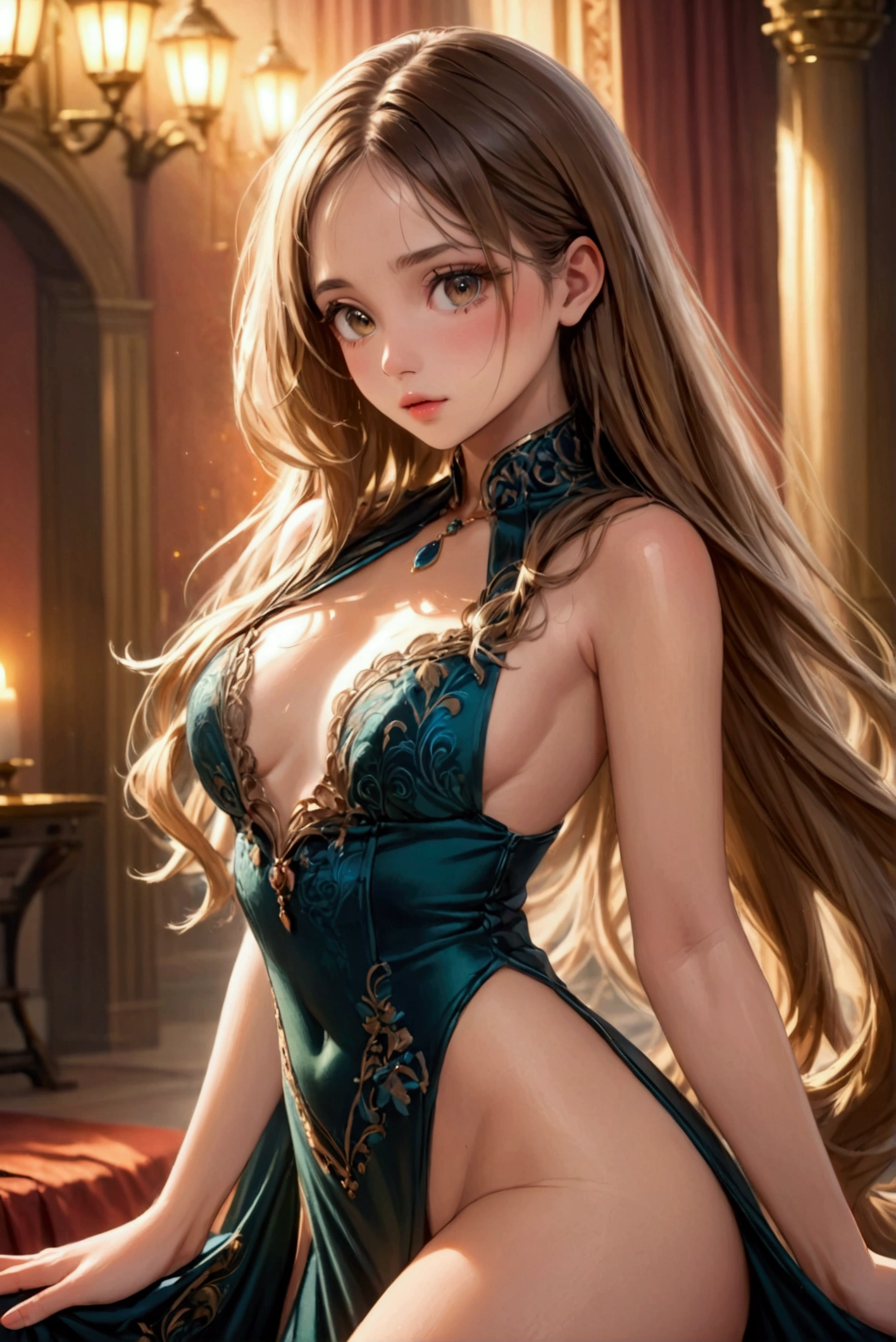 a beautiful young woman in a sensual pose, detailed facial features, flawless skin, long flowing hair, revealing outfit, (best quality,4k,8k,highres,masterpiece:1.2),ultra-detailed,(realistic,photorealistic,photo-realistic:1.37),detailed fabric textures, soft lighting, warm color palette, cinematic composition, intricate background details, elegant and captivating, erotic digital art, exquisitely rendered