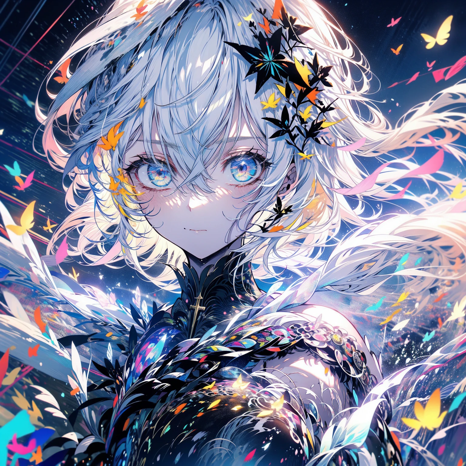 （（（masterpiece）））， （（（Highest quality））））， Official Art， Highly detailed CG Unity 8k wallpaper， （（sketch）））， night， rain， Beautifully detailed skies， Galactic，Starry sky background，Beautiful and delicate water， Game CG， Huge file sizes， sketch， Report， Angelic， Long white hair， Styled blonde hair， Wet Hair， Hair between the eyes， Hair behind the ear， Carefree eyes with white eyelashes， Yellow-eyed， Half-closed eyes， footwear， Halo， Cross Necklace， Looking down， Sit， Grab the long leg hair and decorate it， leaf hair accessories， In the forest， Lakeside， （（Big Chest）））， （（（ White）））， Long Sleeve Dynamo， White blindfold， The golden wings of the Elven earrings are more yellow