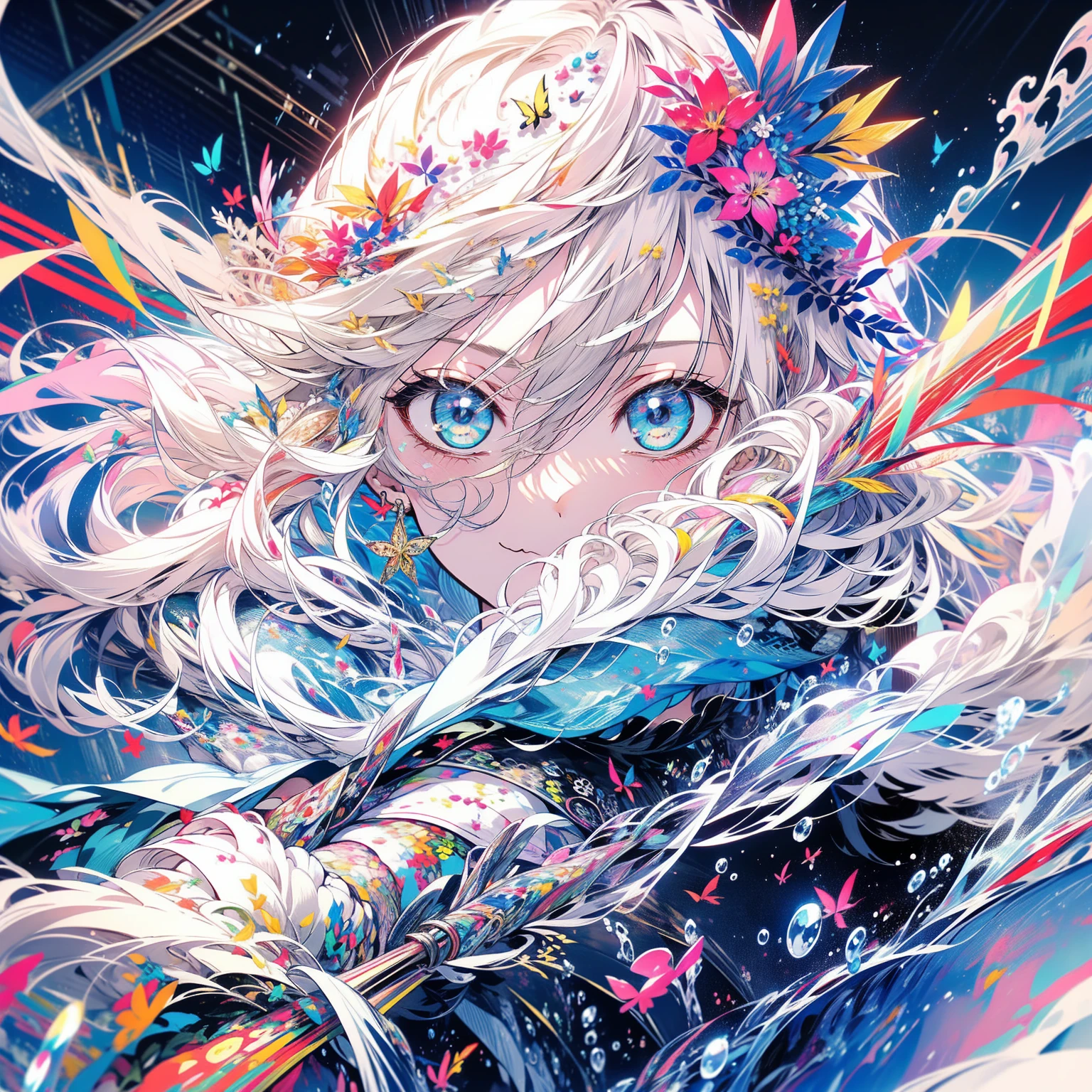 （（（masterpiece）））， （（（Highest quality））））， Official Art， Highly detailed CG Unity 8k wallpaper， （（sketch）））， night， rain， Beautifully detailed skies， Galactic，Starry sky background，Beautiful and delicate water， Game CG， Huge file sizes， sketch， Report， Angelic， Long white hair， Styled blonde hair， Wet Hair， Hair between the eyes， Hair behind the ear， Carefree eyes with white eyelashes， Yellow-eyed， Half-closed eyes， footwear， Halo， Cross Necklace， Looking down， Sit， Grab the long leg hair and decorate it， leaf hair accessories， In the forest， Lakeside， （（Big Chest）））， （（（ White）））， Long Sleeve Dynamo， White blindfold， The golden wings of the Elven earrings are more yellow