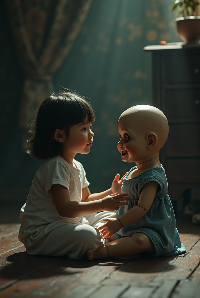 One playing with a very scary doll 

