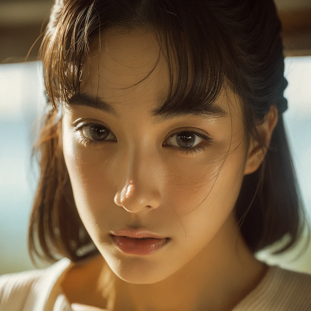 A hyper-realistic image of a single Japanese woman in her early 20s, captured with the nostalgic warmth and subtle graininess of a film camera. Her skin has a warm beige tone with a natural, slightly rough texture that includes visible pores, fine lines, and subtle imperfections such as small blemishes, adding to the authenticity of her appearance. The soft, diffused natural light enhances the film-like quality, casting gentle shadows that create a timeless, organic feel. Her straight, glossy black hair frames her face in a natural, slightly tousled manner, and her deep brown eyes reflect the ambient light, adding depth and emotion. The film camera effect introduces a slight grain and a softer focus, giving the image a warm, nostalgic atmosphere while maintaining the realistic texture of her skin. She is dressed simply, in a way that complements her natural beauty, with the overall composition designed to evoke a sense of genuine, understated elegance. The use of natural light, combined with the deliberately rougher texture of her skin and the film-like qualities, ensures that this image captures the imperfections that make her beauty truly lifelike, focusing solely on this one individual.