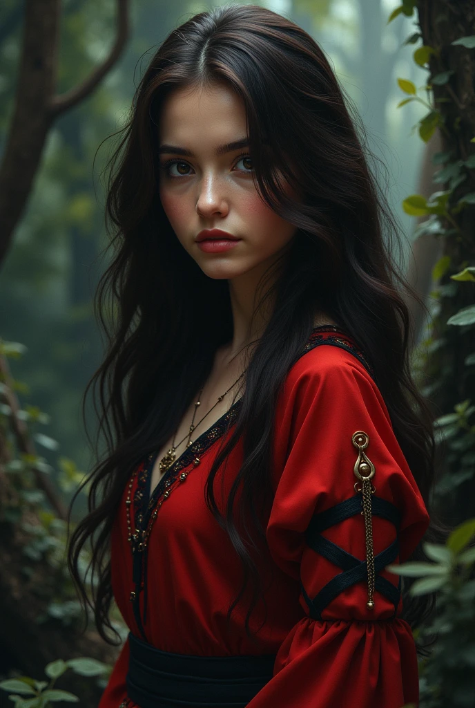 a girl from the waist up with dark wood skin with long wavy cherry-colored hair wearing a red outfit with black and gold details looking straight ahead with a dark enchanted forest background
