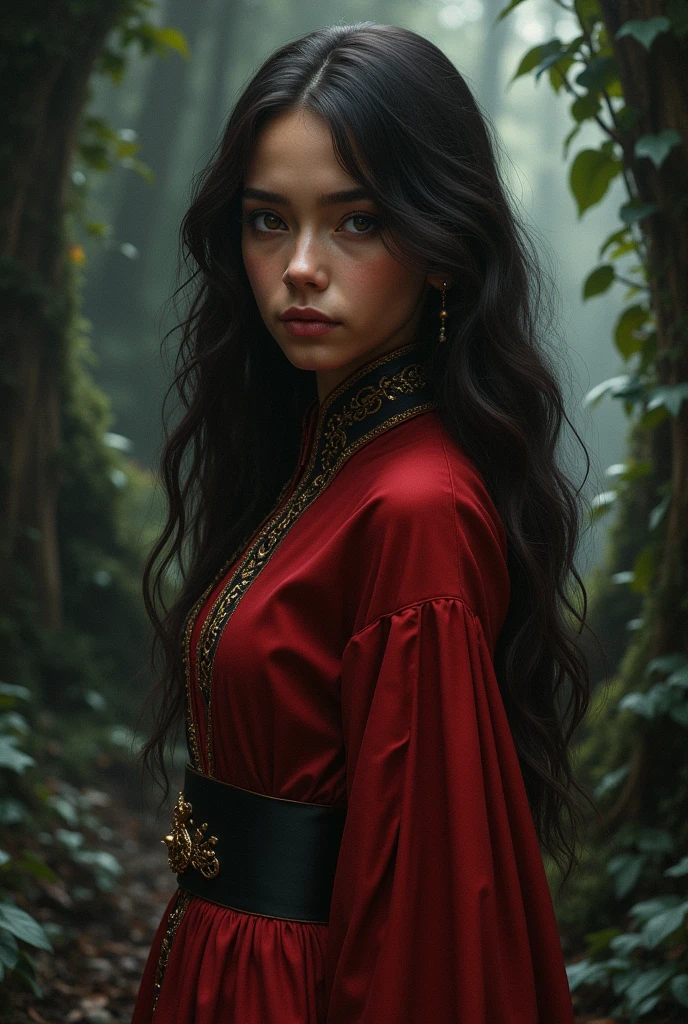 a girl from the waist up with dark wood skin with long wavy cherry-colored hair wearing a red outfit with black and gold details looking straight ahead with a dark enchanted forest background
