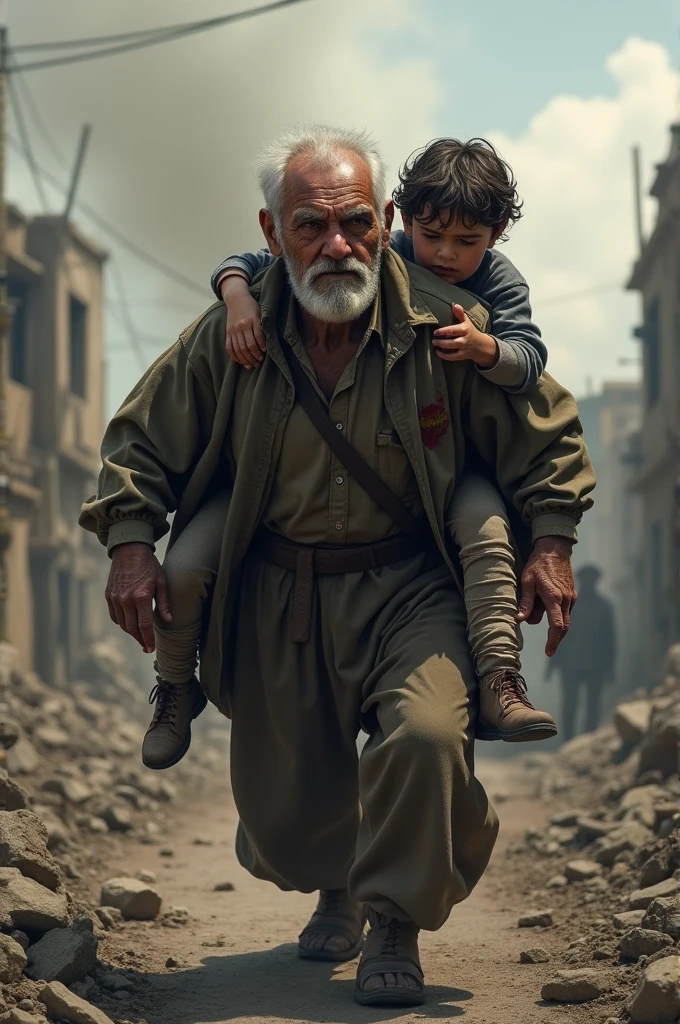Can you create for me an image of an elderly man carrying his wounded young son on his back?