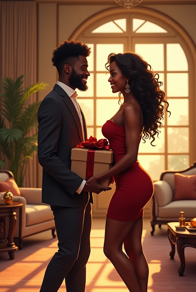 Generate an image where a black young man is holding gifts in a bag joyfully heading towards a very beautiful black woman with curvy body at a luxury big living room with nice interior