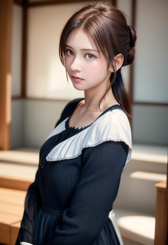 8K, of the highest quality, masutepiece:1.2), (Realistic, Photorealsitic:1.37), of the highest quality, masutepiece, Beautiful young woman, A pensive expression, a suspicious and inviting expression, Cute Maid Clothes, Hair tied back, Cinematic background, Light skin tone