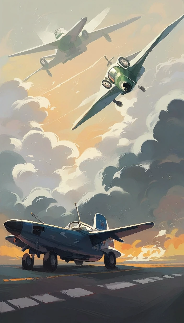 A burning car, shaped like a dog, is parked on the runway. In the background, a green and white plane has just taken off, rising into the sky and leaving a trail of smoke. The image highlights the contrast between the intense fire and the calm of the plane in motion.