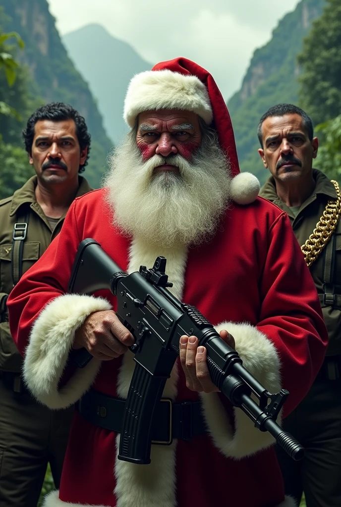 Create a Santa Claus with an AK in his hand and with Pablo Escobar and El Chapo