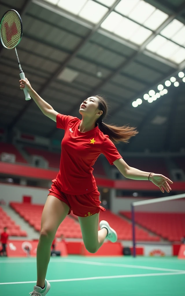 Chinese women&#39;s badminton，Red outfit，Beautiful facial features，White skin，full-body shot，Panoramic vistas，Wide-angle lens，Serve，Catch the ball，Jump Smash，Intense stimulation，Olympic indoor venues background