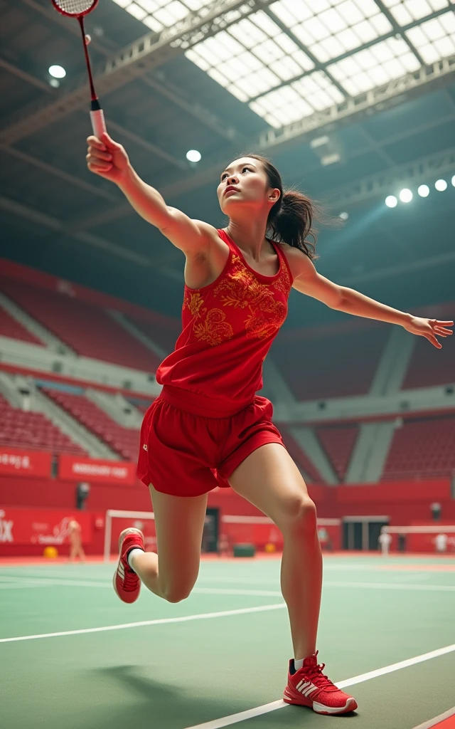 Chinese women&#39;s badminton，Red outfit，Beautiful facial features，White skin，full-body shot，Panoramic vistas，Wide-angle lens，Serve，Catch the ball，Jump Smash，Intense stimulation，Olympic indoor venues background