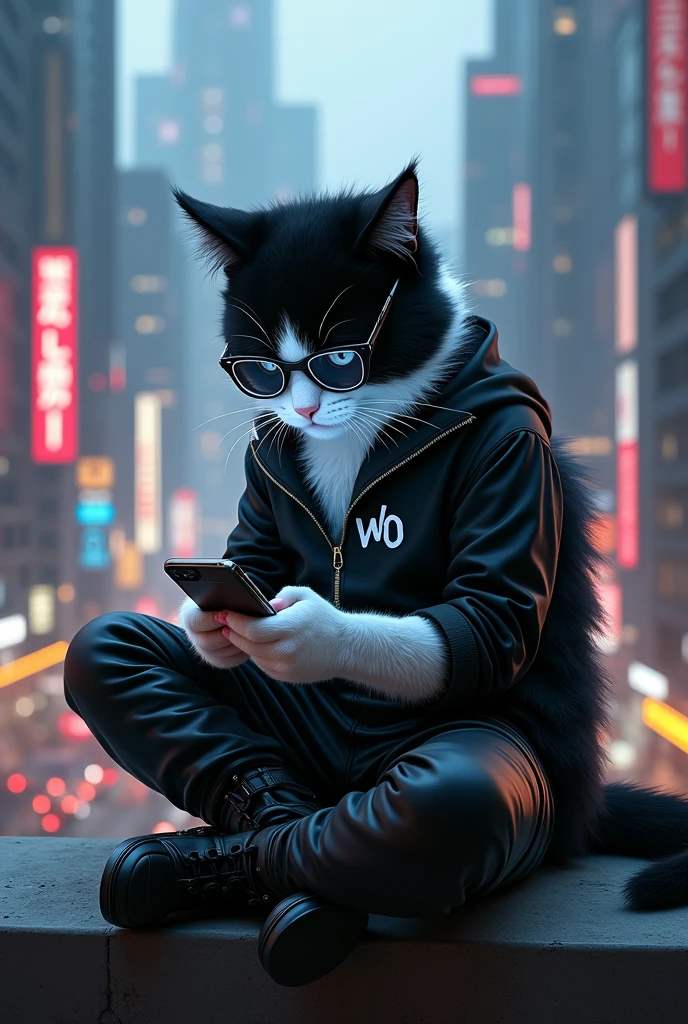 anthropomorphic black and white male cat with soft and fluffy fur & rocker style black glasses, Sitting on the concrete wall in cyberpunk city looking at his smartphone, write 'oWo' on his black shirt and leather pants and boots, cinematic color grading, dramatic lighting