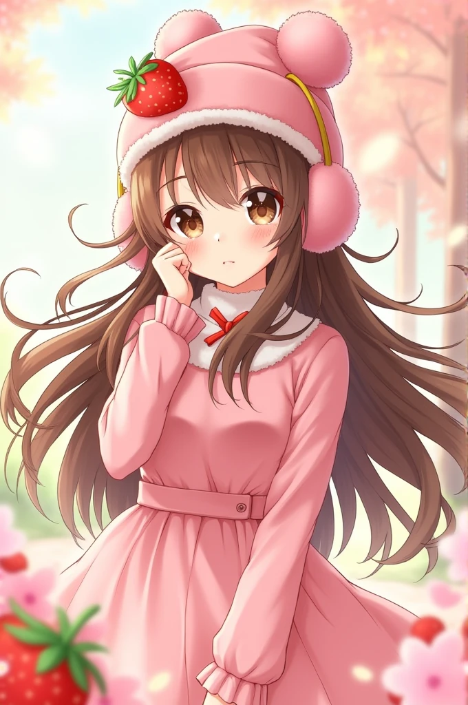 Brown light hair long anime girl with a pink dress brown eyes strawberry beanie strawberry earmuffs and a pink dress